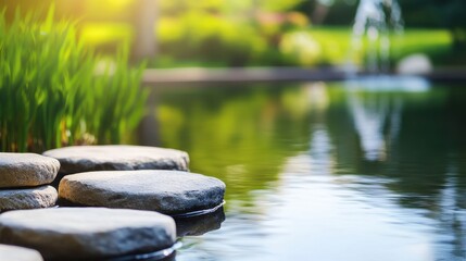 Tranquil garden scene featuring stepping stones over a serene pond surrounded by lush greenery