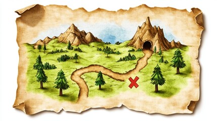 A treasure map depicting a winding path through mountains leading to a marked location