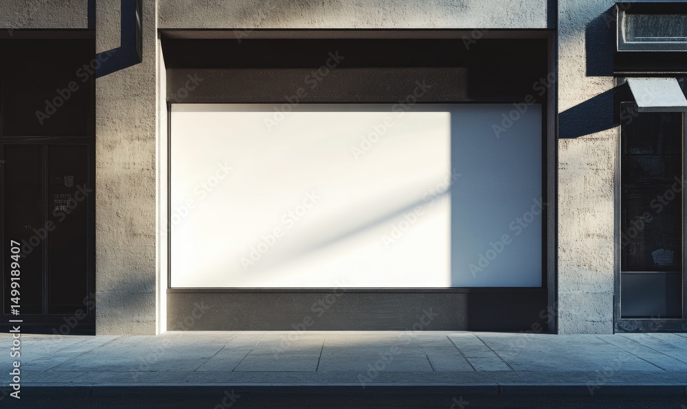 Poster sunlit blank storefront window display in a modern city setting, flanked by concrete structures