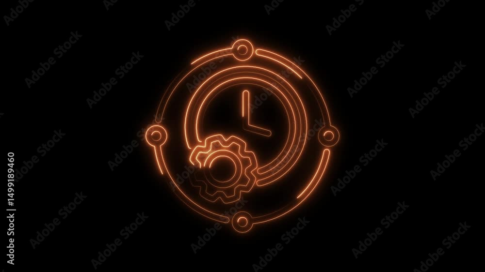 Poster neon clock with gear animation on dark background illustrating productivity and process management