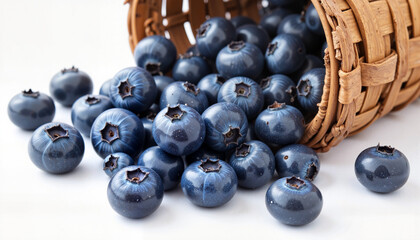 Fresh blueberries spilling out of a wicker basket on white background  