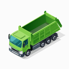 Isometric Illustration of a Green Dump Truck on White Background