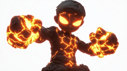 A stylized, low-poly 3D render of a boy-like figure, seemingly made of dark stone and glowing, 