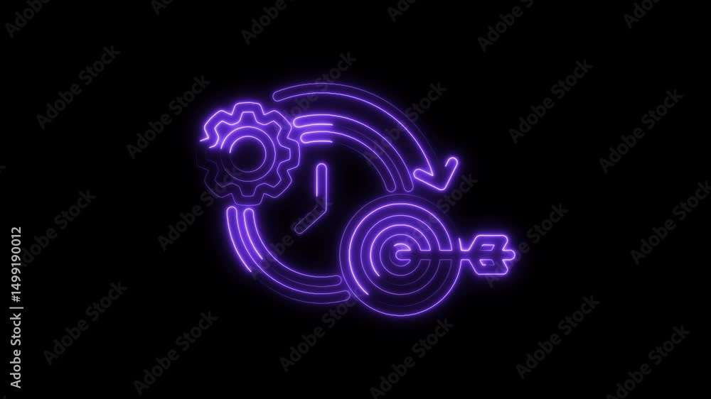 Poster neon efficiency process animation with gear,clock,arrows and target on black background