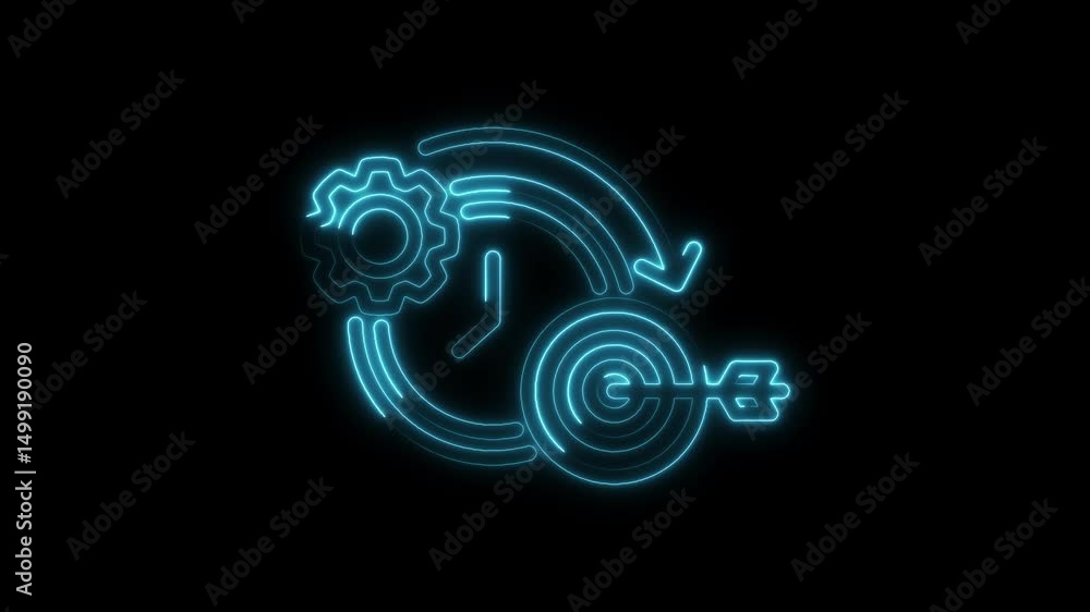 Poster neon goal setting time management arrows and gear achieving target workflow automation concept