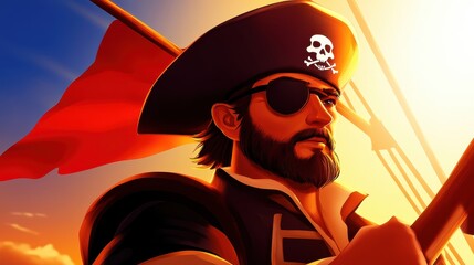 A determined pirate captain stands on a ship?s deck, holding a flag against a sunset backdrop