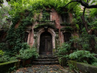 Naklejka premium Overgrown Brick House Entrance with Dark Wooden Door