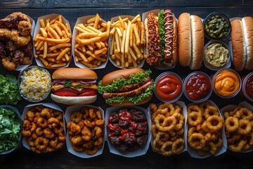Overhead view of assorted fast food items on a dark wooden surfa