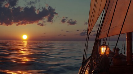 A serene sunset over calm waters viewed from a sailing ship.