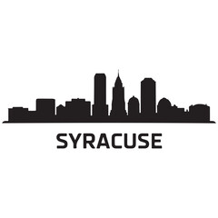 Fototapeta premium Panoramic View of Downtown Syracuse Skyline. Syracuse city black silhouette skyscrapers and buildings. Long cityscape. Vector black silhouette. with white background