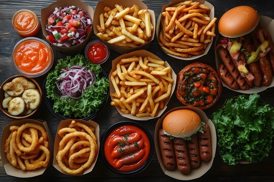 Overhead view of assorted fast food items, including fries, onio