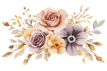 Elegant beige and gold watercolor floral bouquet with anemone rose and glitter leaves isolated on transparent background