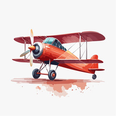 Red Vintage Biplane Illustration Watercolor Style
