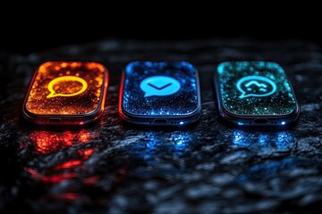 Three devices displaying chat message icons on a textured dark surface. Symbolizes modern communication, marketing, or social networking concepts.