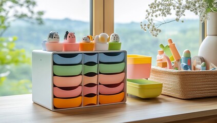 Colorful organizer with window view.