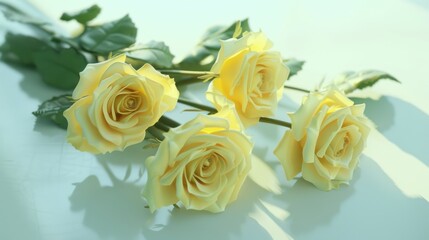 Fototapeta premium Pale yellow roses laid out on a clean, soft buttercream table, creating a peaceful setting for heartfelt wishes or greetings.