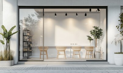 Minimalist storefront with large window, showcasing a clean interior with light wood furniture, potted plants, and track lighting. A simple counter and shelves are visible