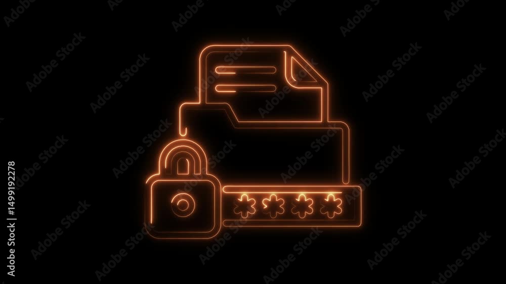 Poster glowing neon security protection of digital files and folders with lock and password