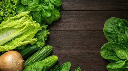 Fototapeta premium Fresh and Vibrant Green Vegetables Collection on Wooden Surface with Water Droplets and Natural Texture Ideal for Healthy Eating Concepts