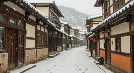 Fototapeta premium Snowy alleyway in a traditional village
