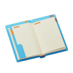 Vibrant Blue Notebook Mockup: Open Pages, Lined Paper, Orange Markers, Pocket, 3D Render Ideal for Education, Organization, and Productivity Concepts