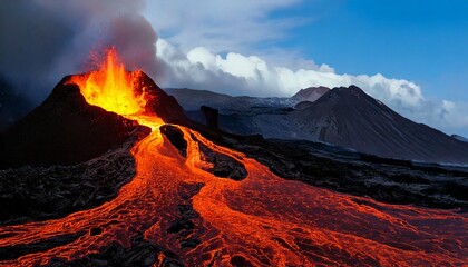 Fototapeta premium Un volcán entra en erupción y ríos de magma caen por las laderas. 