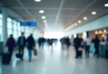 Generative AI Image of blurred figures navigating a modern airport terminal