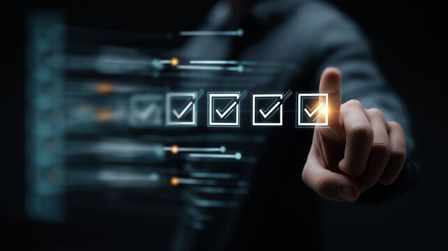 Digital checklist and survey form completion concept. Businesswoman interact with virtual checklist icons, digital forms, survey, data verification, document approval, and business process automation