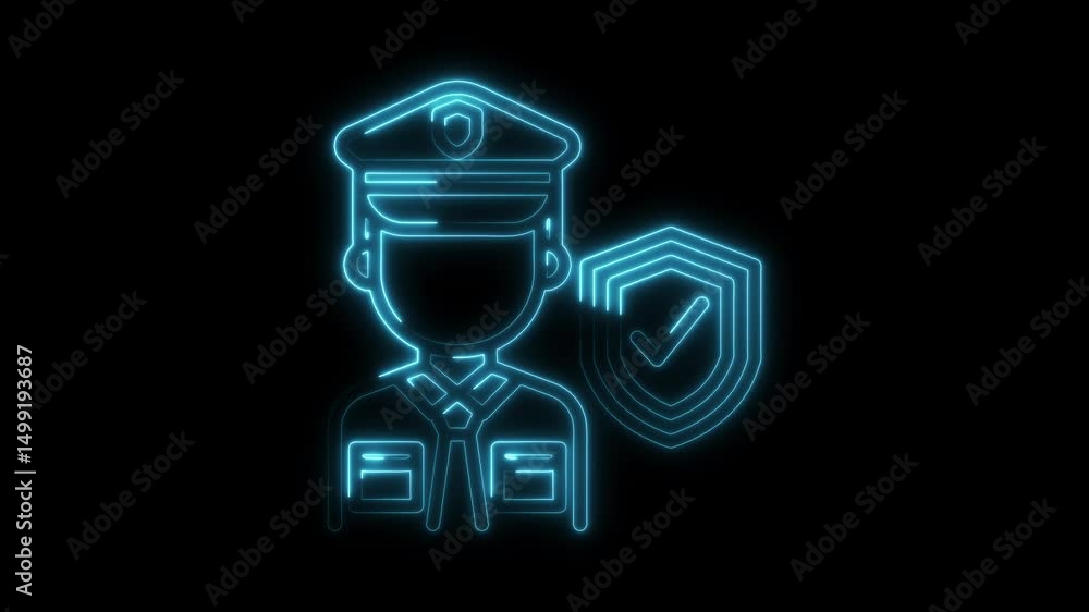 Poster Cyber security guard protecting data in neon style digital animation on black background