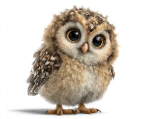 Fototapeta premium Adorable Fluffy Baby Owl with Big Eyes on White Background