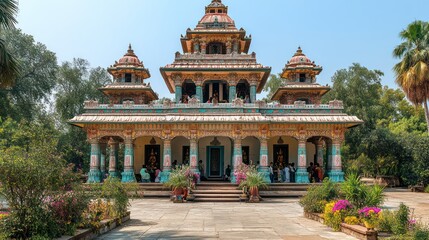 Colorful Hindu temple alive with prayers and joyful festival celebrations by devotees.