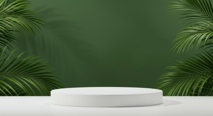A pristine white product platform centered on a green backdrop, framed by lush, green palm fronds