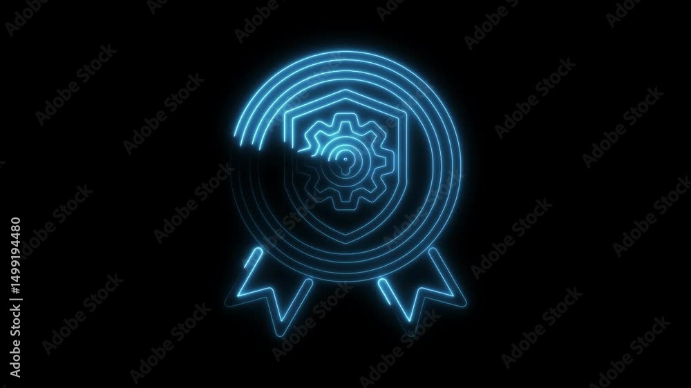 Poster neon badge with cog wheel animation cybersecurity and data protection concept background