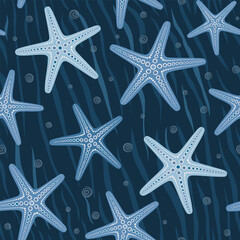Blue sea stars seamless monochrome pattern 