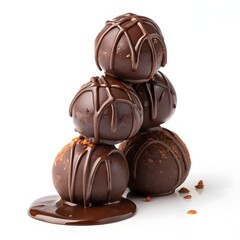 Chocolate truffles, stacked spheres, glossy coating, melting chocolate, on white background 