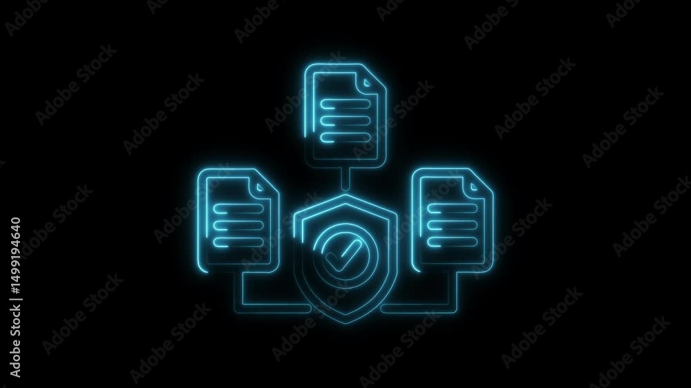 Poster glowing data security shield secures document files for cyber protection and privacy on dark backgro