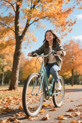 Fototapeta premium araffe girl riding a bike in the park on a sunny day