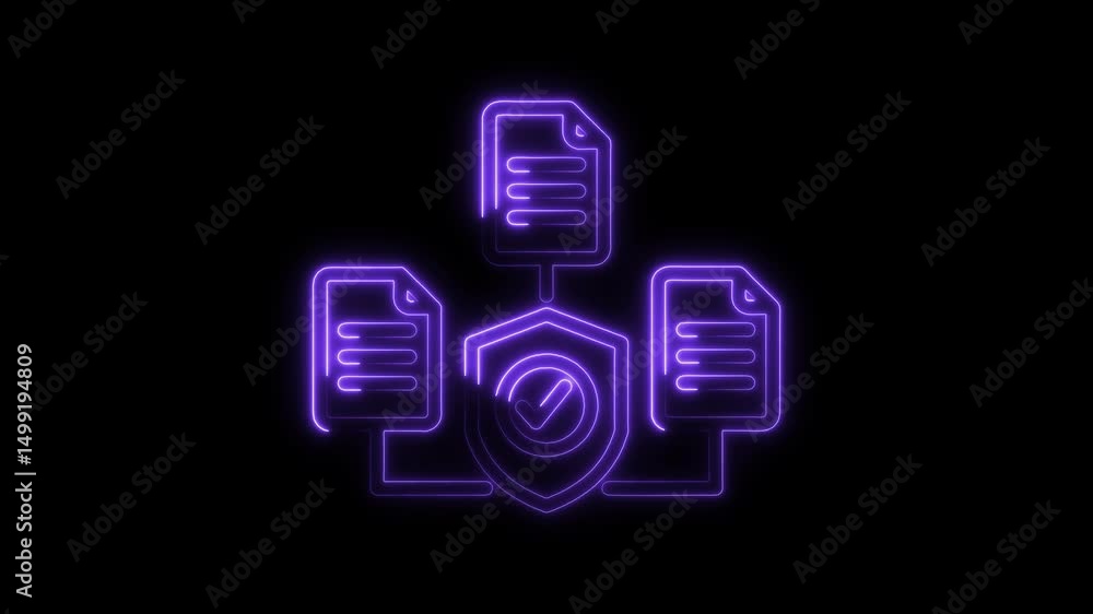 Poster neon style data security concept featuring glowing shield and documents on dark background
