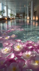 Pink Flower Petals Floating in a Tranquil Indoor Pool
