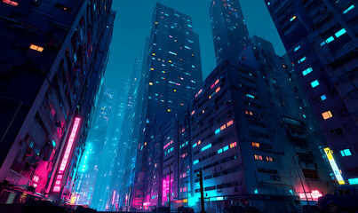 Cyberpunk-inspired tech cityscape at night, featuring neon lights and futuristic architecture.