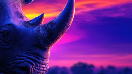 Majestic rhinoceros silhouetted against a vibrant sunset in a serene landscape