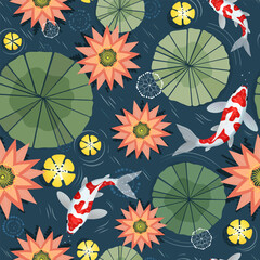 Koi carps and water lilies in the water. Seamless vector pattern