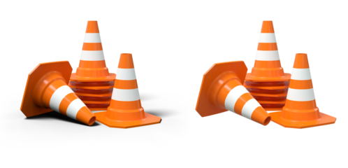 Construction cone with and without shadow - 3D rendering on transparent background