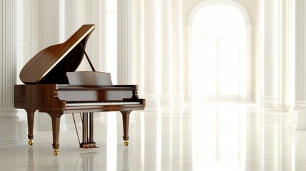 Elegant grand piano positioned in a luxurious, sunlit hall with classical architecture