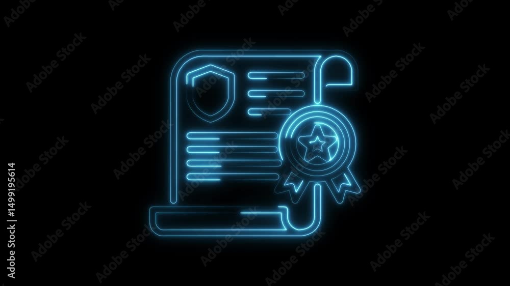 Poster glowing neon certificate document with award badge and shield on dark background animation