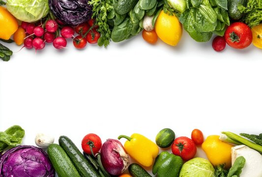 Colorful array of fresh vegetables arranged in a border.