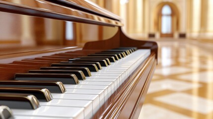 Elegant grand piano in a luxurious hall with polished marble floors and soft lighting