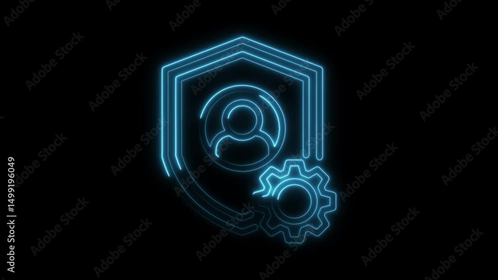Poster neon cyber security user settings interface with shield and gear icon on black background