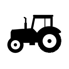 Vector icon of modern farming tractor, bold black silhouette for agricultural use.