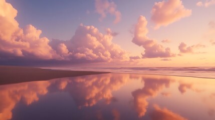 Obraz premium Serene sunset over a calm ocean with reflective clouds.